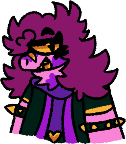 a pink dinosaur with magenta hair and golden eyes. She is wearing a purple shirt under a black jacket with purple  edges and gold highlights on the sleeves, as well as black arm bands with golden spikes. She has a calm expression.